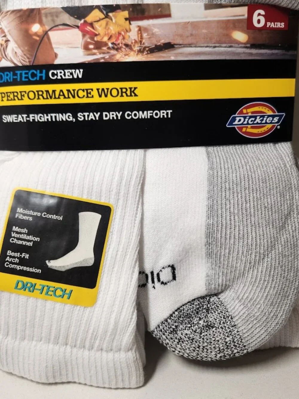 NEW Dickies Men's Dri-Tech Moisture Control Crew Socks 6 Pack Size XL White Soft